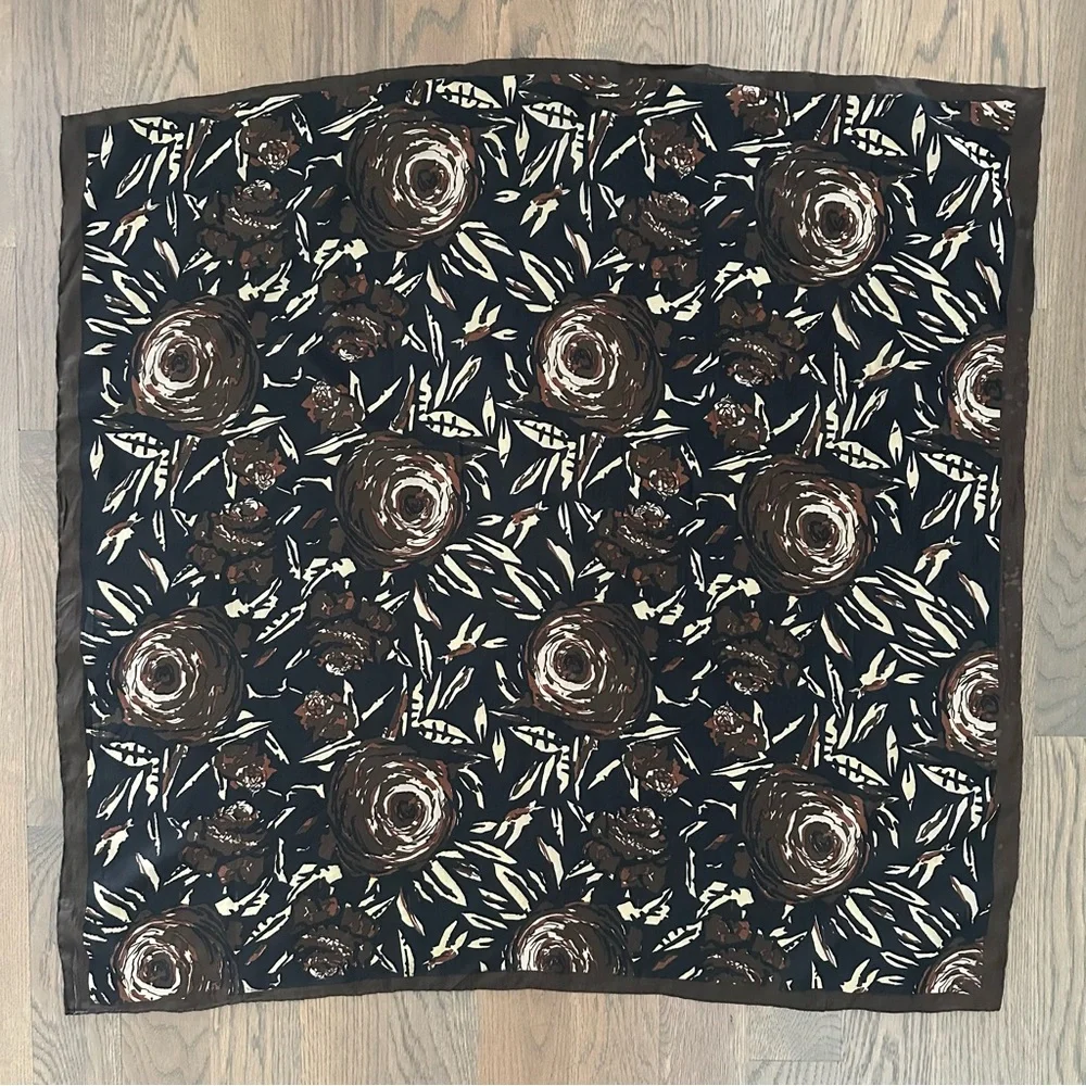 Lisa Corti Floral Abstract Printed 100% Silk Scarf Brown, Black, Cream 32.5